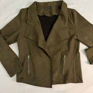Olive Green Women's Open Front Draped Suede Blazer with Zipper Pockets